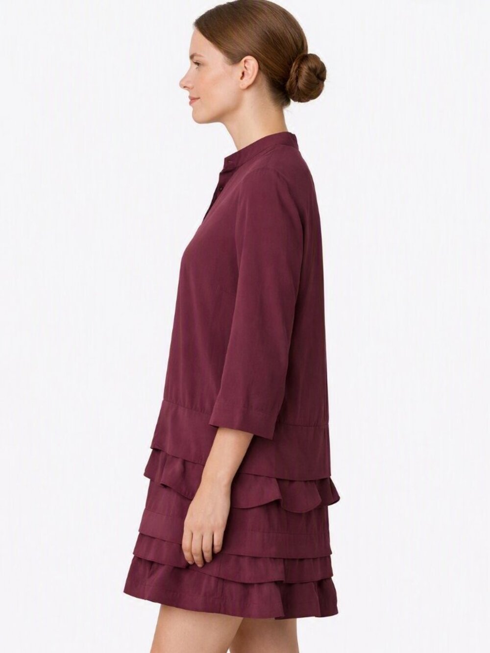 COS Scalloped Trim Layered Ruffle Mini Dress Long Sleeve Pocket Burgundy Size 6 - Picture 2 of 11